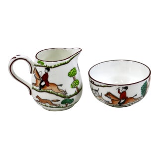 Early 20th Century Crown Staffordshire Hunting Scene Mini Creamer Pitcher and Open Sugar Bowl For Sale