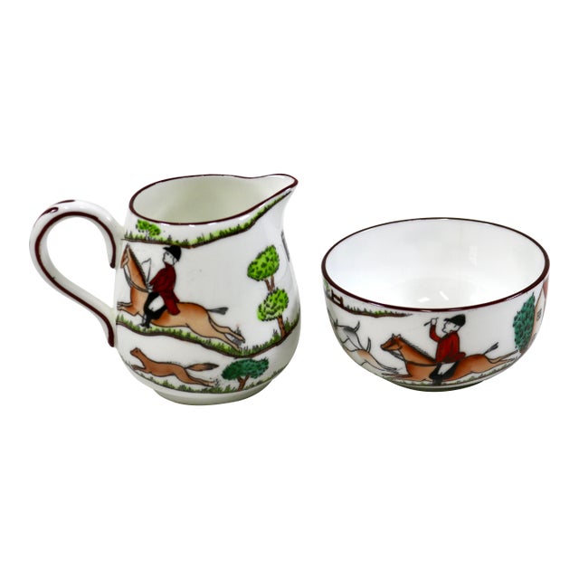 Early 20th Century Crown Staffordshire Hunting Scene Mini Creamer Pitcher and Open Sugar Bowl For Sale