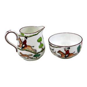 Early 20th Century Crown Staffordshire Hunting Scene Mini Creamer Pitcher and Open Sugar Bowl