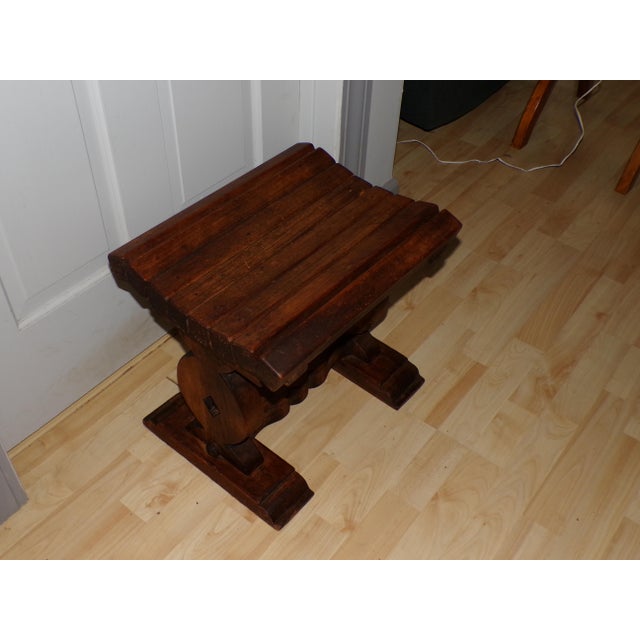 Vintage Slat Bench Solid Wood Trestle Stool Vanity Chair Rustic Cabin Decor For Sale - Image 10 of 12