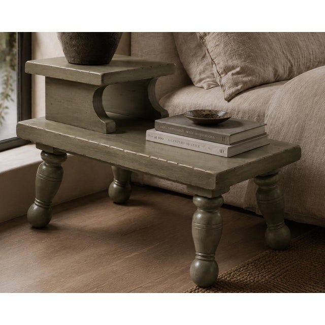Modern Mid 20th Century Pair of Sculptural Primitive Two-Tier End Tables in Old Chapel Satin Sagewood For Sale - Image 3 of 4