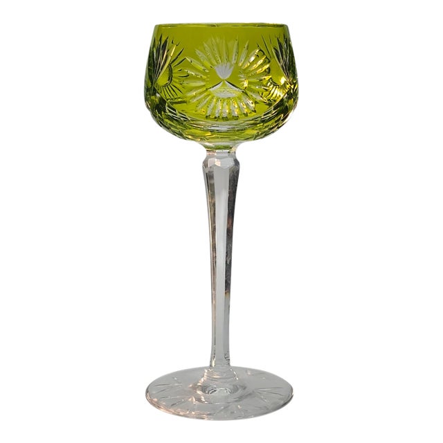 Exquisite Bohemian Bohemian Lime Green Cut to Clear Wine Glass With Fans Floral Design For Sale