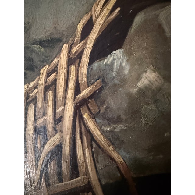 1910s 1918 Rectangular Landscape Signed Rustic Still Life With Fish and Basket Oil Painting For Sale - Image 5 of 8