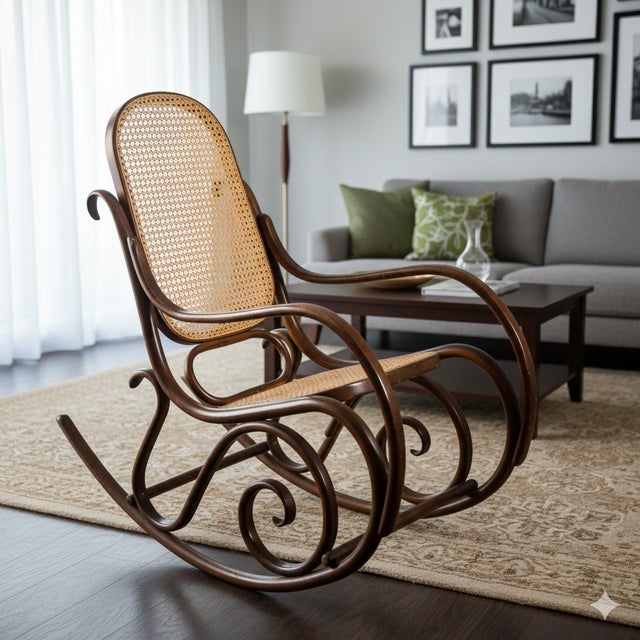 Wood and Straw Rocking Chair in the style of Thonet For Sale - Image 9 of 18