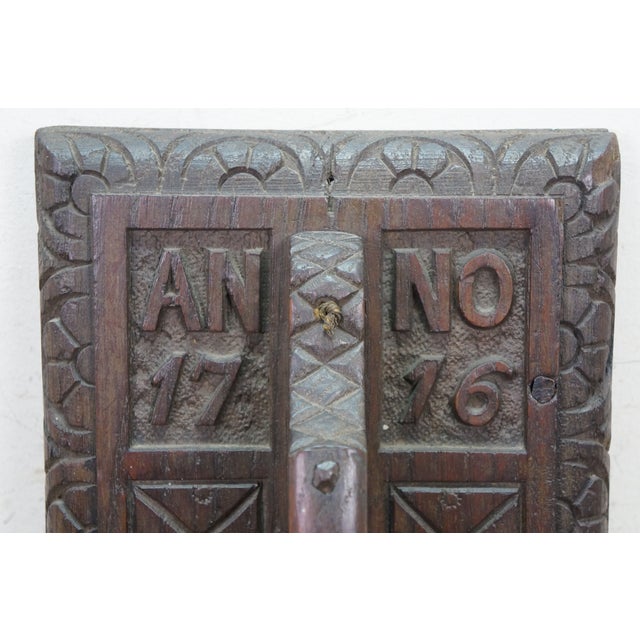 Brown Antique Folk Art Anno 1716 Geometric Carved Oak Door Handle Wall Plaque 19" For Sale - Image 8 of 11