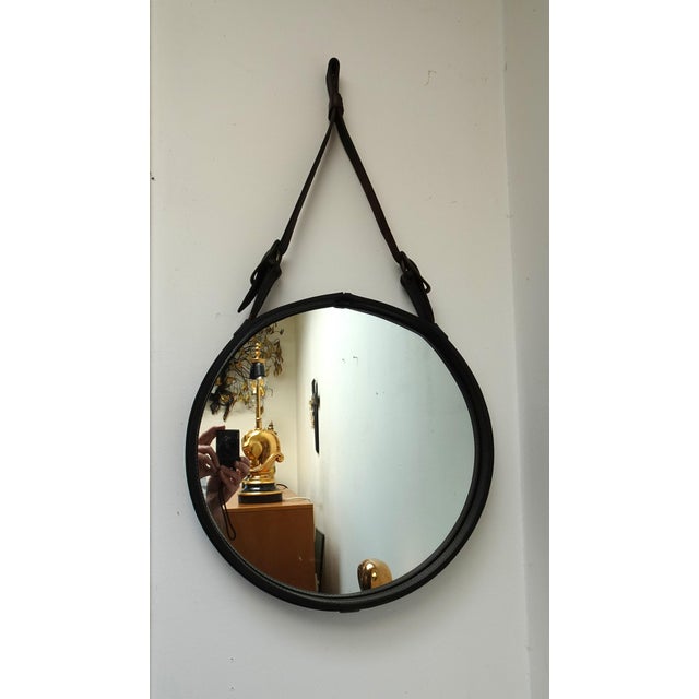 1940s Large Sadderly Leather Round Mirror by Jacques Adnet, 1940s For Sale - Image 5 of 18