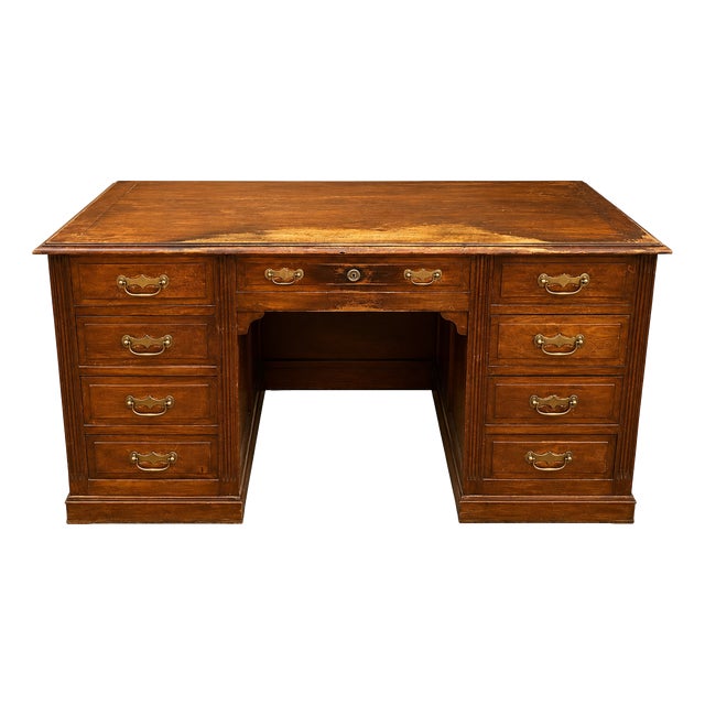 Vintage Oak Pedestal Desk with Drawers, 1940s For Sale