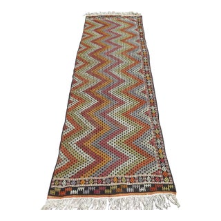 1960s ZigZag Design Embroidered Turkish Kilim Runner - 35"x100" For Sale