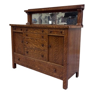 Antique American Mission Arts & Crafts Tiger Oak Sideboard Buffet Console For Sale