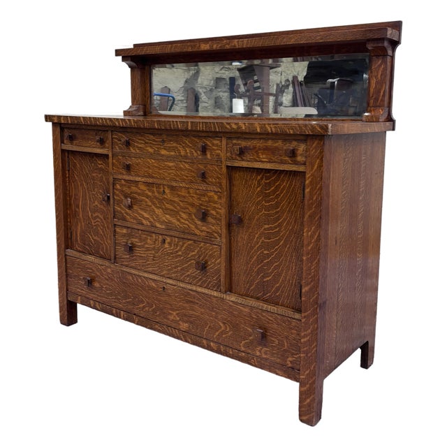 Antique American Mission Arts & Crafts Tiger Oak Sideboard Buffet Console For Sale