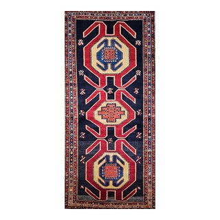 Antique Northwest Persian Runner Rug, Hand-Knotted Wool, Geometric Medallions Pattern, 4x10, Navy & Red For Sale