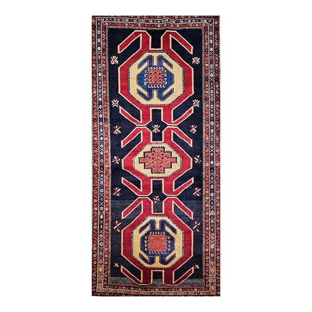 Antique Northwest Persian Runner Rug, Hand-Knotted Wool, Geometric Medallions Pattern, 4x10, Navy & Red For Sale