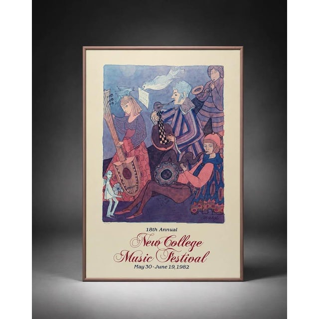 Vintage framed New College Music Festival poster from 1982 featuring a colorful illustrated music scene with musicians,...