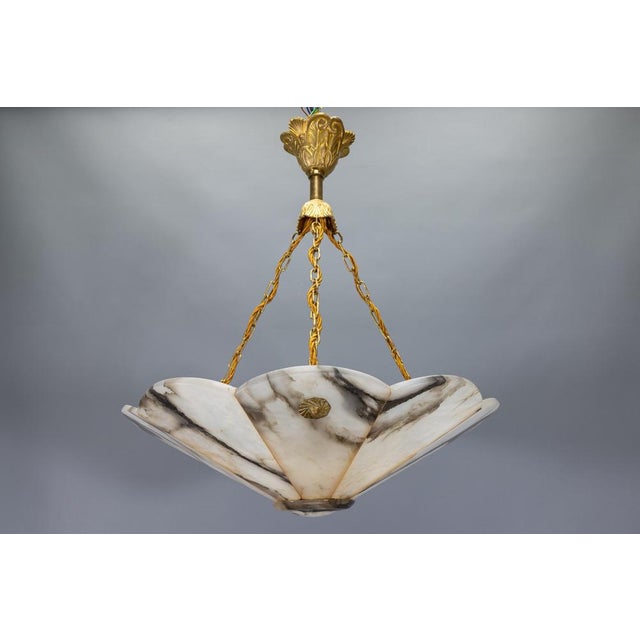 French Art Deco Black & White Veined Alabaster and Bronze Chandelier, 1920 For Sale - Image 13 of 18