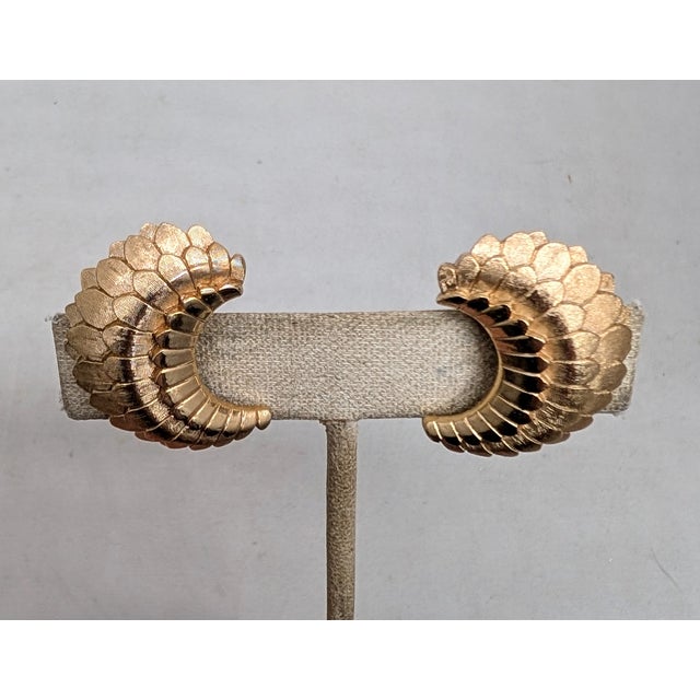 1950s Vintage 1950s Signed Crown Trifari Goldtone Scaled Half Moon Clip Earrings-2 Pieces For Sale - Image 5 of 7