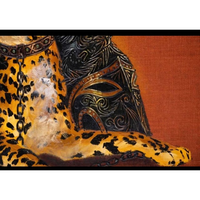 1970s Hollywood Regency Cheetahs and Roman Helmet Oil on Burlap, Signed Wyman For Sale In Denver - Image 6 of 9