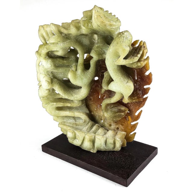Stone Chinese Celadon & Russet Jade Boulder Carved With 2 Dragons For Sale - Image 7 of 13