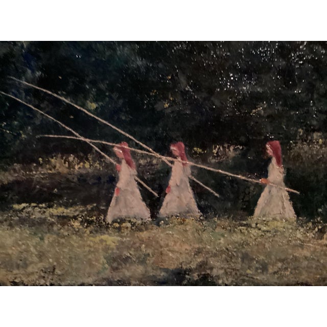 Wood Original Oil Painting, Landscape With 3 Sisters Fishing, Signed by Artist “G.Wodzik” in Red. For Sale - Image 7 of 9