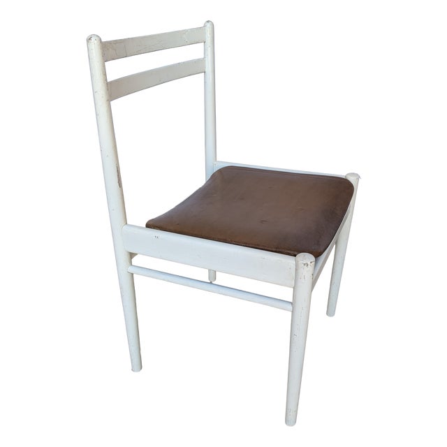 Vintage Dining Chair in White Beech Wood and Brown Leather Look Seat, 1970s For Sale