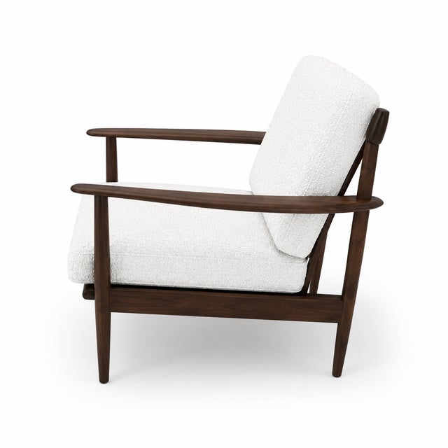 Mid Century Walnut Lounge Chairs Boucle Fabric- Pair For Sale - Image 4 of 6