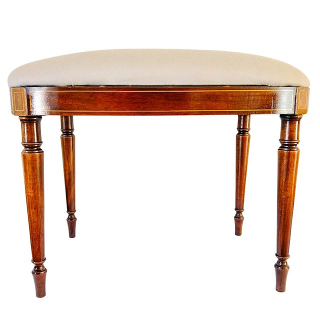 Wood Antique English Edwardian Inlaid Mahogany Oval Bench Stool – Sheraton Revival Vanity Seat For Sale - Image 7 of 12