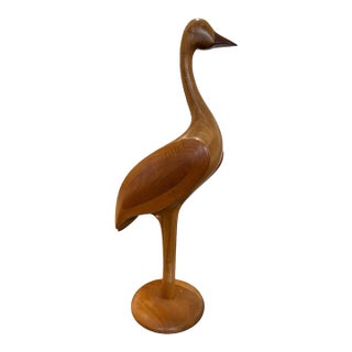 Mid-Century Modern Vintage Hand-Carved Teak Wood Crane Shorebird Sculpture – 37" For Sale