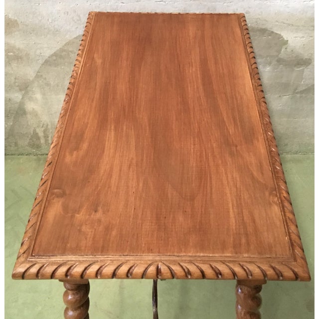 Wood 19th Spanish Farm Table With Iron Stretchers, Hand-Carved Top and Drawer For Sale - Image 7 of 13