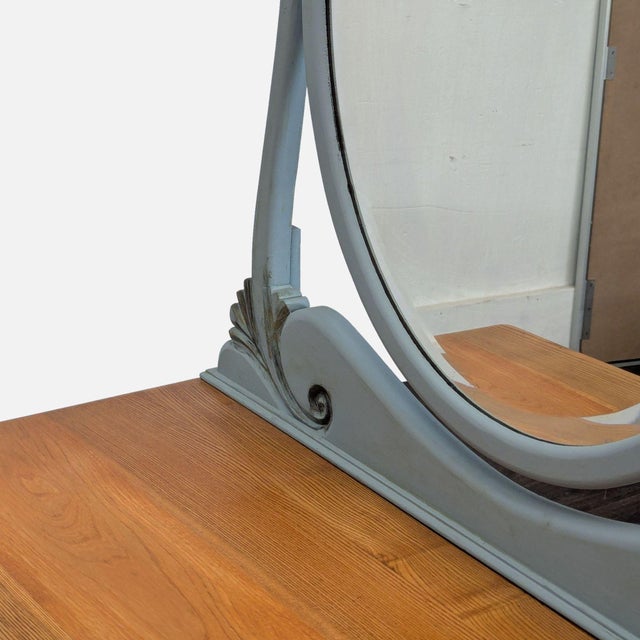 Wood Antique Painted Oak Bow-Front Dresser With Oval Mirror & Skeleton Key For Sale - Image 7 of 10