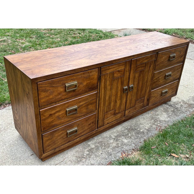 Campaign Vintage Drexel Heritage Campaign 9 Drawer Dresser For Sale - Image 3 of 14
