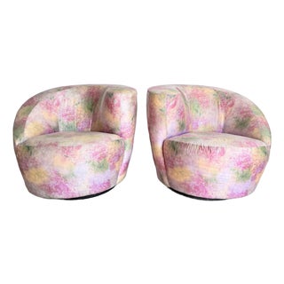 Postmodern Pink Multi Colored Nautilus Swivel Lounge Chairs by Directional - A Pair For Sale