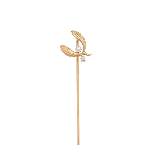 Mid-Century 14k Gold & Seed Pearl Mistletoe Stickpin For Sale