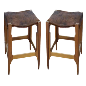Architectural Frame Cowhide and Wood Barstools - a Pair
