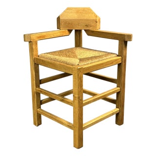 Postmodern Brutalist Dutch Oak Corner Chair with Rush Seat, 1970s For Sale