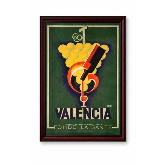 Glass Pair of Vintage French Art Deco Advertising Posters — “Cognac Jacquet” & “Valencia” Aperitif — Large Framed Wall Art Set For Sale - Image 7 of 8