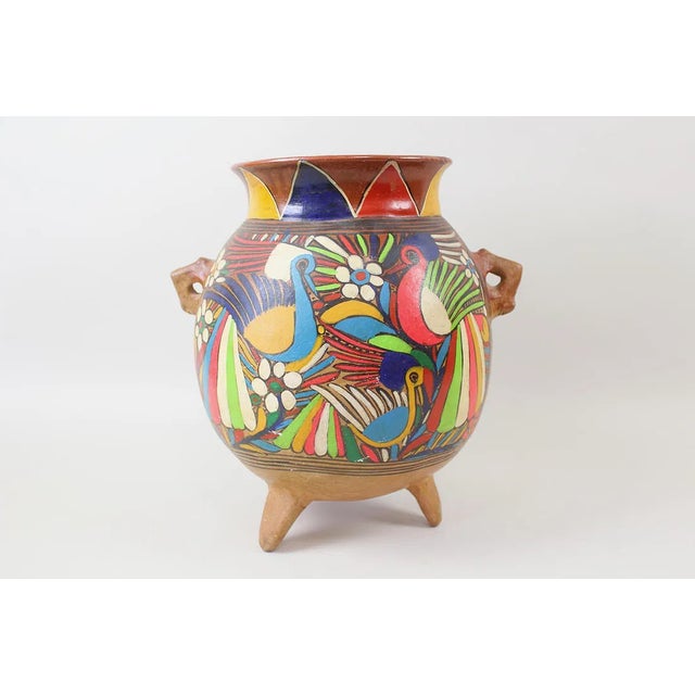 Vibrant Mexican Folk Art Pottery Planter. Beautiful planter sits on three feet with two small handles and bright hand...