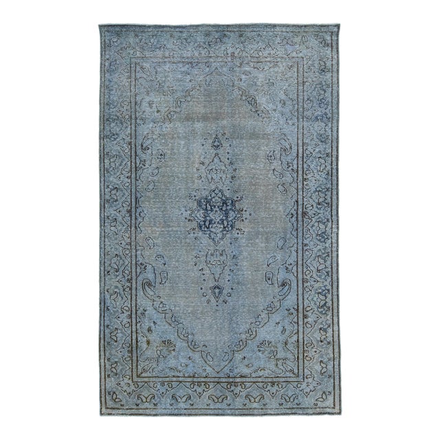 Floral Designed Persian Overdyed Wool Rug in Blue and Gray For Sale