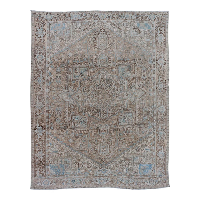 Early 20th Century Antique Persian Heriz Rug With Geometric Design in Taupe, Tan, Brown and Lt Blue For Sale