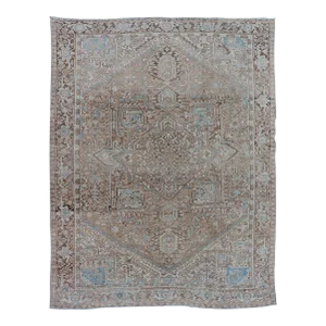 Early 20th Century Antique Persian Heriz Rug With Geometric Design in Taupe, Tan, Brown and Lt Blue