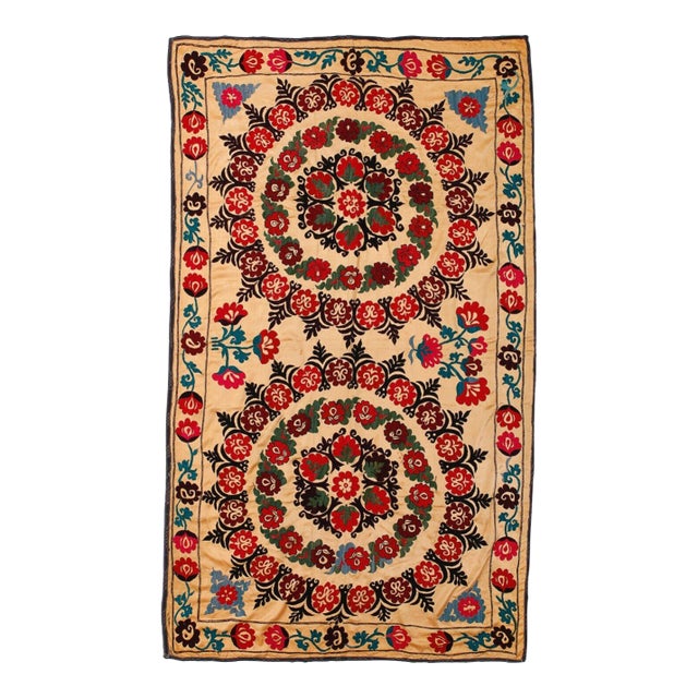 5.4x8.6 ft Silk Embroidery Wall Hanging, Vintage Tablecloth, Yellow Bedspread For Sale