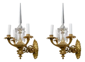 Pair 19th Century English Gilt Brass and Crystal Neoclassical Style Sconces