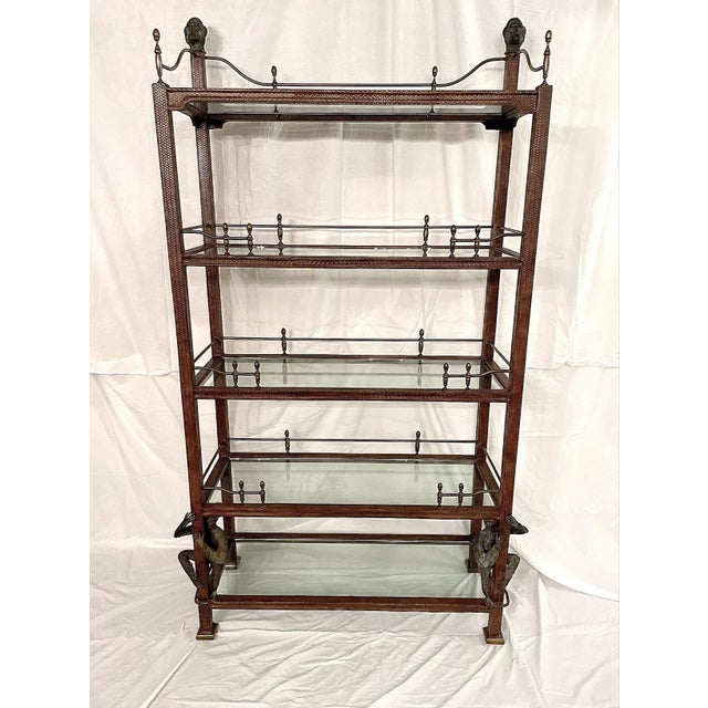 Late 20th Century Vintage Maitland - Smith Regency Bookcase 5 Shelf Etagere Leather With Brass Rails Finials and Sculptured Bronze Monkeys For Sale - Image 12 of 12