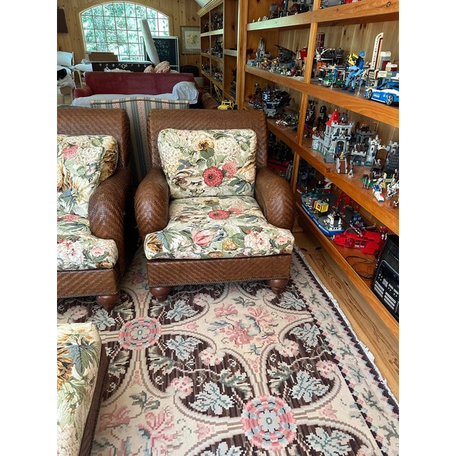Lexington Woven Sofa With Floral Cushions With Matching Chair and Ottoman For Sale - Image 16 of 17