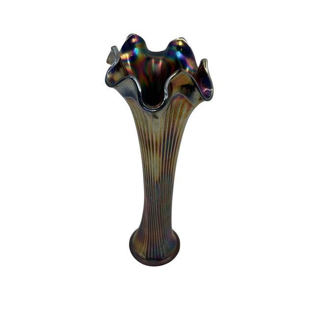 Fenton Cobalt Fine Ribbed Swung Vase Blue Iridescent Carnival Glass. This piece glows! Ruffled scalloped rim that has...