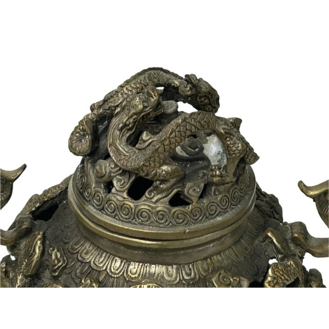 Vintage Bronze Color Metal Dragons Tri Legs Ding Incense Burner Art For Sale - Image 12 of 14