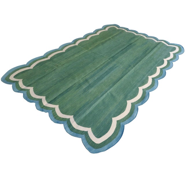 Textile Handmade Cotton Scalloped Rug, Forest Green With Cream and Blue Full Border 9'x12' For Sale - Image 7 of 11