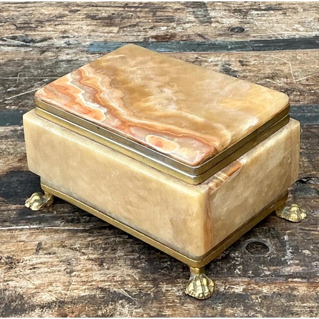 Hollywood Regency Vintage Onyx and Brass Footed Box For Sale - Image 3 of 12