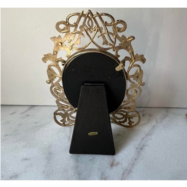 Ornate Vintage Victorian-Style Brass Oval Picture Frame With an Intricate Scrollwork Design and a Standing Easel Base. For Sale In Greensboro - Image 6 of 8