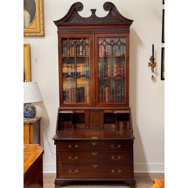 Wood Early George III Mahogany Bureau Bookcase With Carved Swan Neck Pediment For Sale - Image 7 of 17