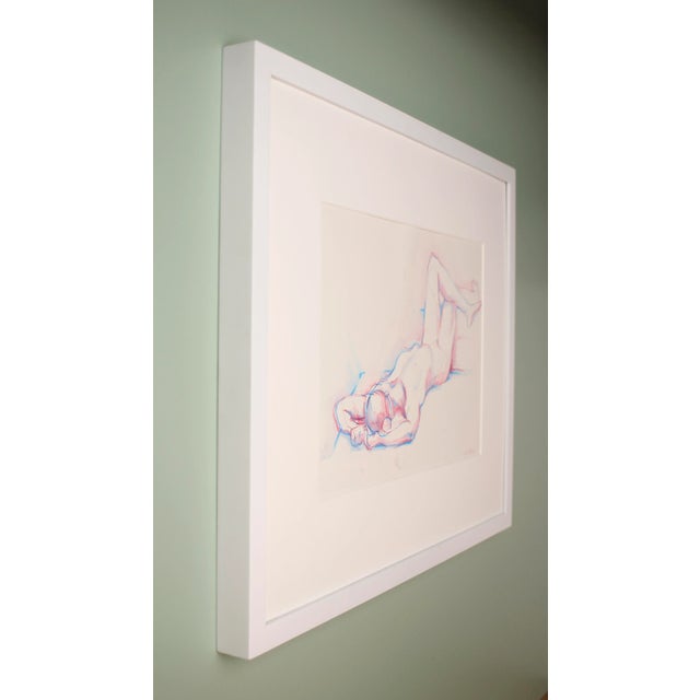 2010s Contemporary Blue & Pink Reclining Original Female Nude Drawing, Framed For Sale - Image 5 of 7