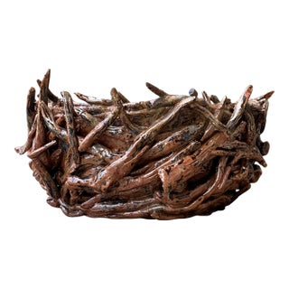 Vintage Rustic Brown Ceramic Twig Bowl For Sale
